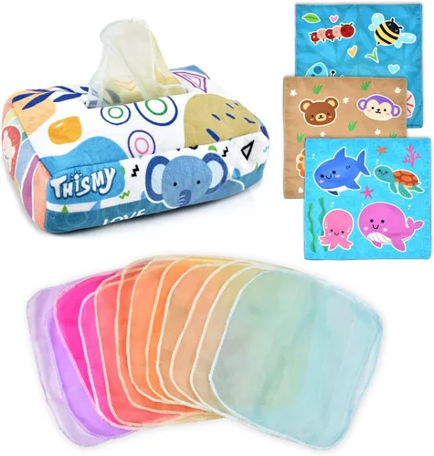 Juguetes para bebés 6-12 meses, juguete de caja de pañuelos montessori para bebés 6-12 18 meses, juguetes sensoriales suaves con contraste y crujido