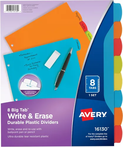 Miniatura 9 de Avery Separadores de plástico duradero con pestañas grandes para escribir y borrar, juego de 5 pestañas para carpetas de 3 anillos, multicolor