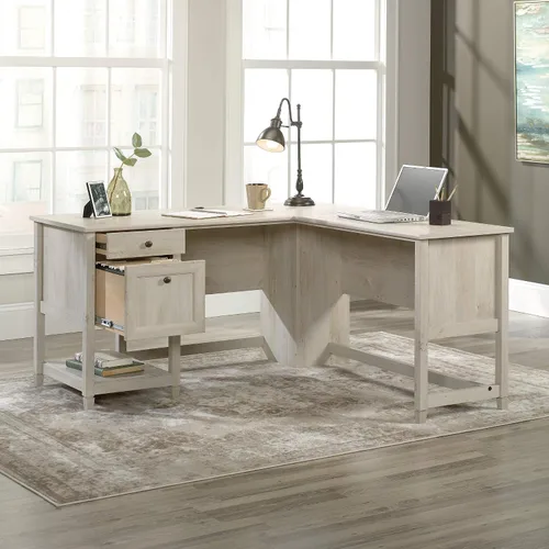 Miniatura 8 de Sauder Edge Water - Escritorio esquinero en forma de L con cajones de almacenamiento y estante abierto, en color castaño a la tiza