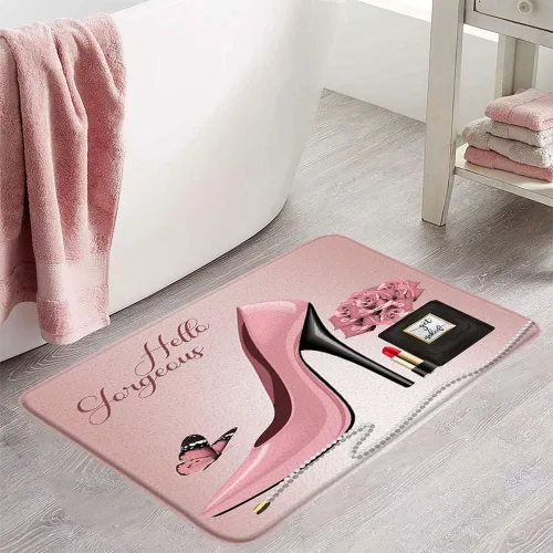Miniatura 2 de Tapete de baño de tacón alto, color rosa, con lápiz labial, perfume, flor, Hello Gorgeous Fashion Maquillaje, lindo, para niñas y mujeres, tapete