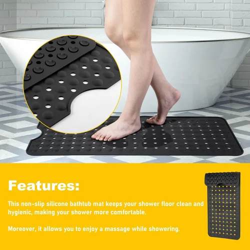 Miniatura 6 de Tapete de silicona antideslizante para bañera de 36 x 16 pulgadas, con orificios de drenaje y ventosas, tapetes mejorados para bañera y ducha, Negro