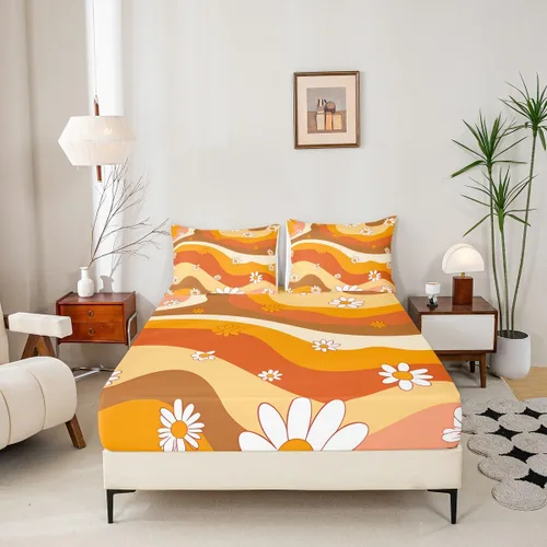 Miniatura 2 de Juego de sábanas bajeras retro de flores hippie para niños y niñas, juego de ropa de cama con estampado de flores, tamaño individual, juego