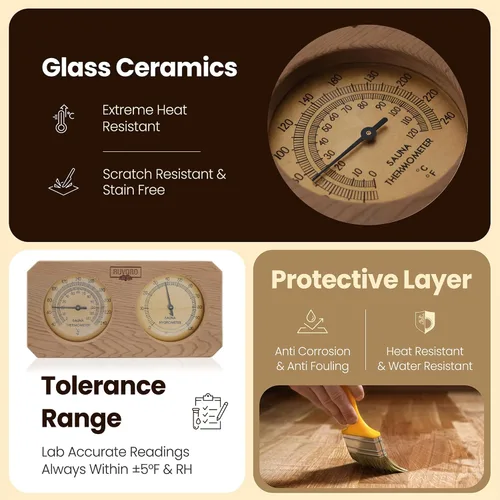 Miniatura 3 de Termómetro e higrómetro de sauna 2 en 1 - Hecho a mano con madera de cedro rojo canadiense - Medidor analógico de temperatura y humedad - Fahrenheit