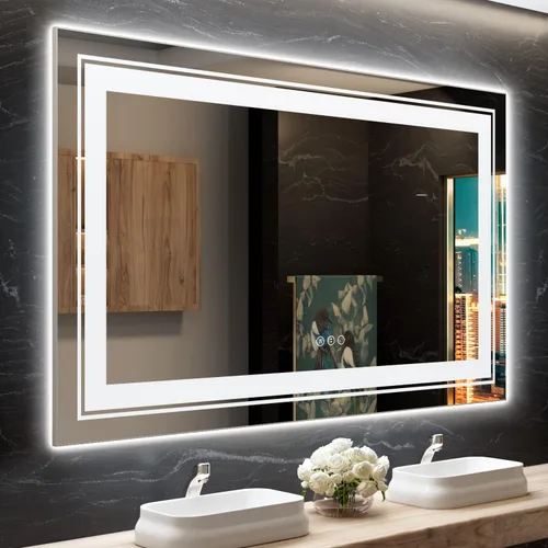 Snowdool Espejo LED de baño, 60 x 36 pulgadas con parte delantera y retroiluminada, antivaho, espejo grande de tocador de baño para pared, función