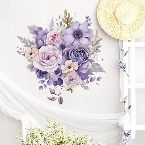 Calcomanías de pared de flores de margaritas y rosas moradas, calcomanías de pared de arte floral romántico en acuarela extraíble, vinilo extraíble