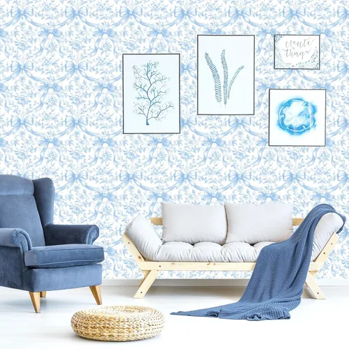 Miniatura 5 de FYSUIMU Papel Tapiz Floral con Lazo Azul Despegar y Pegar en Rollo, Papel de Contacto Coquette con Moños y Flores, Autoadhesivo, Decoración de Pared