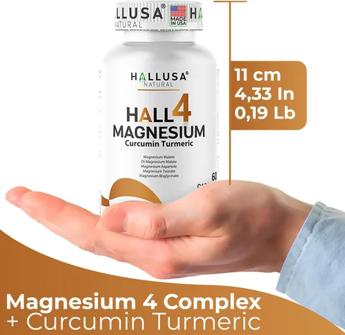 Miniatura 9 de HALL4 Magnesio 60 cápsulas – 4 complejos de magnesio malato, aspartato, taurato, bisglicinato y curcumina cúrcuma – energía, función muscular, salud