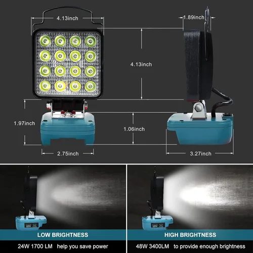 Miniatura 5 de Luz de Trabajo LED Inalámbrica Compatible con Batería Makita de 18V, Linterna de 48W 3400LM Luz de Inundación Portátil con Puertos USB y Tipo C