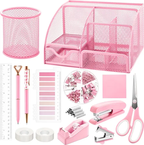 Fayoo Juego de 11 piezas de suministros de oficina rosa, kit de accesorios organizador de escritorio de malla que incluye grapadora, dispensador de