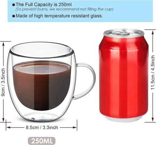 Miniatura 3 de Juego de 4 tazas de café de vidrio de doble pared de 8 onzas con asa, tazas de café de capa aislada, tazas de vidrio de borosilicato transparente