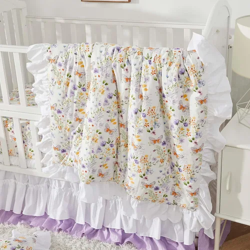 Miniatura 10 de Brandream Juego de ropa de cama de cuna para niñas, juego de guardería floral de jardín de 3 piezas edredón de bebé con volantes, sábana de cuna