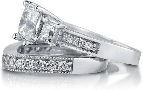 Miniatura 3 de BERRICLE Juego de anillos de compromiso de boda de plata de ley de 3 piedras con circonita cúbica de corte princesa para mujer, chapado en rodio