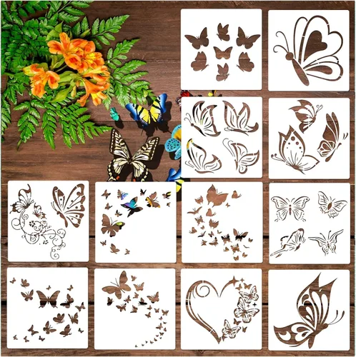12 piezas de plantilla de mariposa reutilizable, plantilla de mariposa voladora de plástico, plantillas de primavera de la naturaleza para pintar