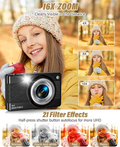 Miniatura 4 de Nueva cámara digital 2025, 56MP FHD 1080P para niños con zoom digital de 16x, antivibración, detección facial, captura de sonrisas, tarjeta TF de 32
