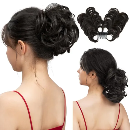 Miniatura 40 de Postizo de Cabello de Moño Despeinado con Peine Lateral Clip en Postizo de Moño para Mujeres Corto Natural Liso Versátil Estilos Ajustables Piezas