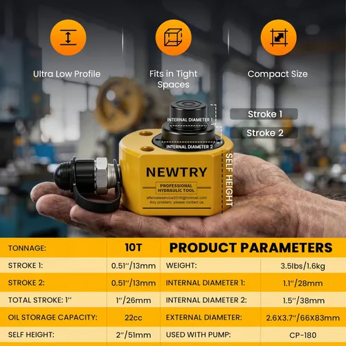 Miniatura 3 de NEWTRY Gato Hidráulico Ram Jack 10T Cilindro Hidráulico de Perfil Bajo Ram Jack Multi-Sección 1" Carrera Cilindro de Elevación Mini Portátil