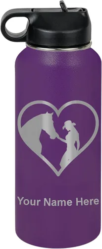 Miniatura 46 de LaserGram Botella de agua personalizada, corazón de vaquera de caballo, acero inoxidable de doble pared aislada al vacío con popote superior, regalo