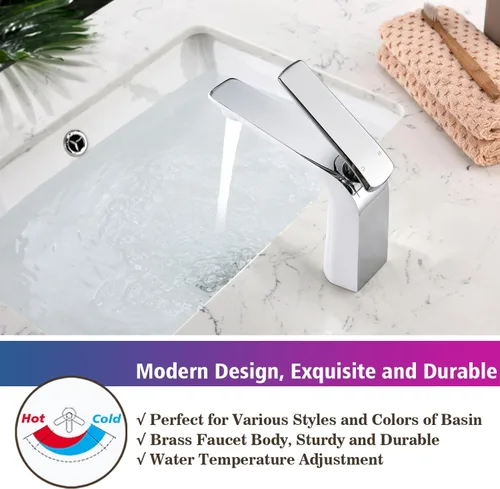 Miniatura 4 de TOCALOCA Grifo de lavabo de baño cromado blanco y pulido, grifo mezclador de agua fría y caliente, grifo de lavabo de una sola palanca Blanco