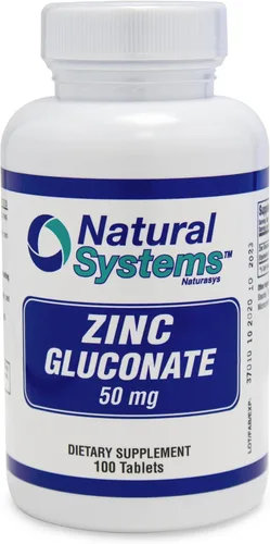 Natural Systems Zinc Gluconate 50 mg - Apoya tu sistema inmunológico - Ayuda a la fuerza ósea y muscular - Minerales elementales para tu dieta -