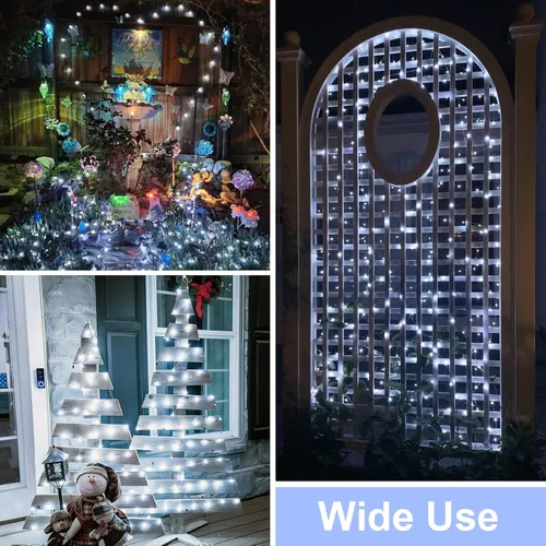 Miniatura 7 de QITONG Guirnalda de luces solares impermeables para exteriores, paquete de 2 unidades de 200 luces LED blancas de Navidad de 66 pies, cable Blanco