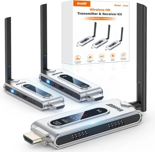 Transmisor HDMI inalámbrico y 2 receptores con pantalla LCD, decodificación 4K salida de 2K a 60Hz, rango de 492 pies/150 M, Plug & Play, extensor