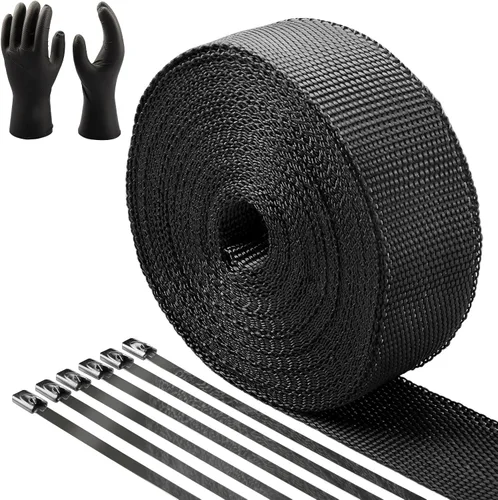 CARDI Envoltura Térmica de Escape Negra de 2" x 16' de Fibra de Vidrio para Motocicleta con 8 Amarres de Acero Inoxidable Negros y Guantes