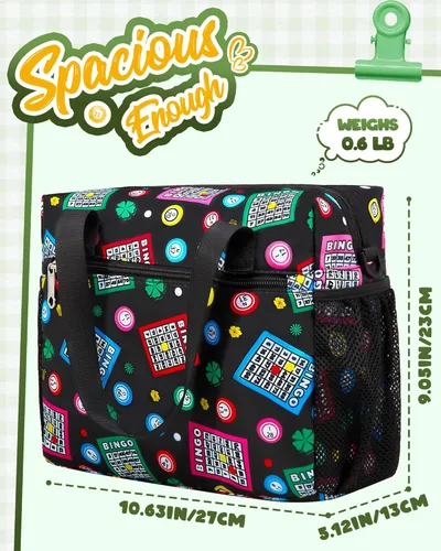 Miniatura 4 de Bolsa de bingo para Daubers Dabbers Dobbers Dotters resistente al agua, bolsa de accesorios de bingo con bolsillos para adultos mayores (negro/verde)