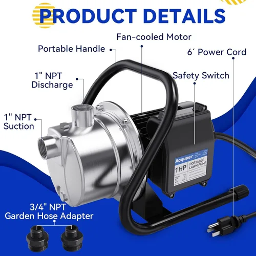 Miniatura 5 de Acquaer Bomba de Pozo Superficial Portátil de 1.2 HP para Jardín, de Acero Inoxidable, 1210 GPH, 115V, Bomba de Aspersor para Transferencia de Agua