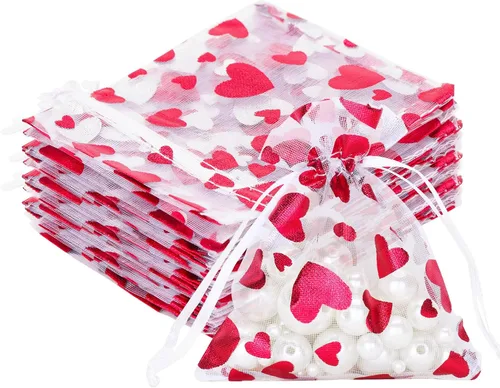Miniatura 16 de G2PLUS - Bolsas de organza de corazón, 50 bolsas de regalo con cordón transparente de 4 x 6 pulgadas Pink Mesh Bags with Gold Foil Hearts for