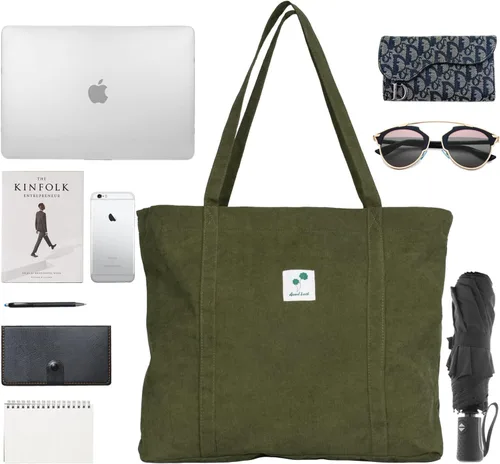 Miniatura 5 de Gophra bolsa de pana para mujeres, niñas, niños, bolsa de hombro con bolsillo interior para trabajo, playa, almuerzo, viajes y compras