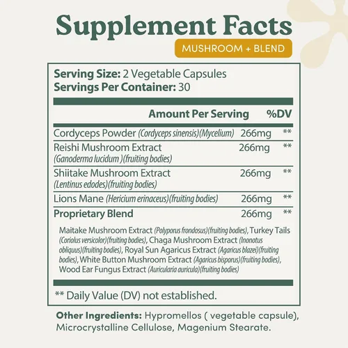 Miniatura 3 de Mushroom+ Blend 10 cápsulas complejas de hongos Melena de león, Reishi, Cordyceps y Chaga Enfoque + Claridad, energía y apoyo inmunológico