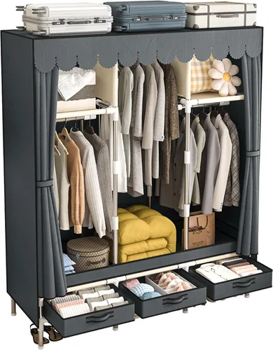 Miniatura 8 de Armario portátil con 3 cajones y 3 varillas para colgar, armario de tela para colgar ropa, funda gris, para ropa, ropa de cama, 51 pulgadas de ancho