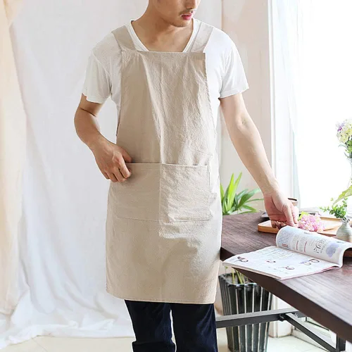 Miniatura 2 de NEWGEM - Delantales de cocina de lino japonés para mujeres y hombres, con tirantes cruzados y bolsillos, para repostería y cocina caqui (Men's Khaki)