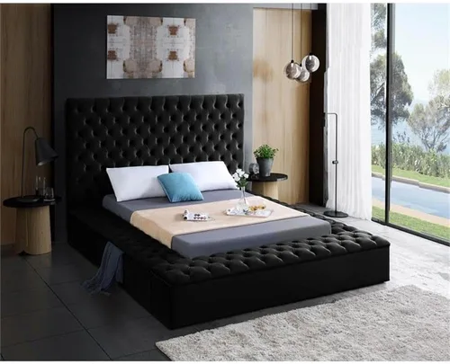 Miniatura 2 de Colección moderna Meridian Furniture Bliss, cama tapizada de terciopelo contemporánea con acolchado de botón profundo y compartimentos de Negro
