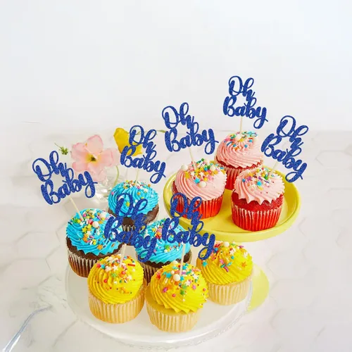 Miniatura 8 de Gyufise 36 piezas Oh Baby Cupcake Toppers Glitter Baby Shower Oh Baby Cupcake Picks para revelación de género Baby Shower Niños Niñas Fiesta de Azul