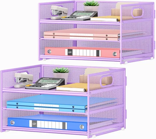 Miniatura 22 de SUBEKYU 2 paquetes de organizador de bandejas de cartas de 3 niveles para escritorio, organizador clasificador de archivos de malla metálica negra