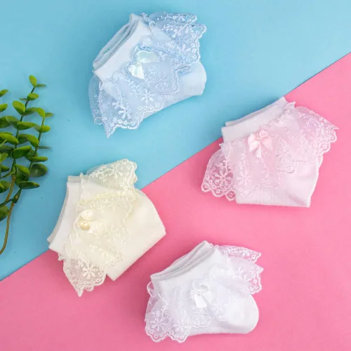 Miniatura 5 de akkilar Paquete de 4 calcetines con volantes para niñas pequeñas con lazo de malla de encaje con ribete de volantes y ojales de princesa para niños