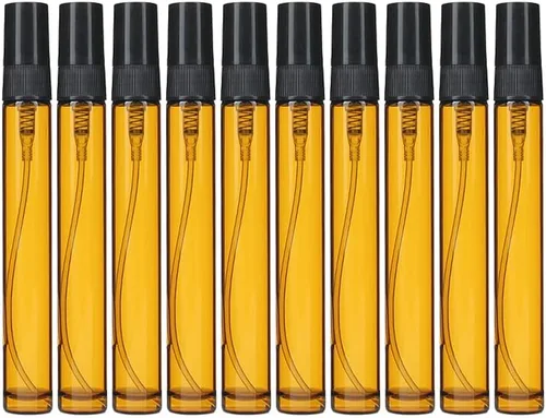 Paquete de 25 recipientes de vidrio con atomizador para botellas, botella marrón, pulverizador negro, tapa negra, muestra de perfume, atomizador de