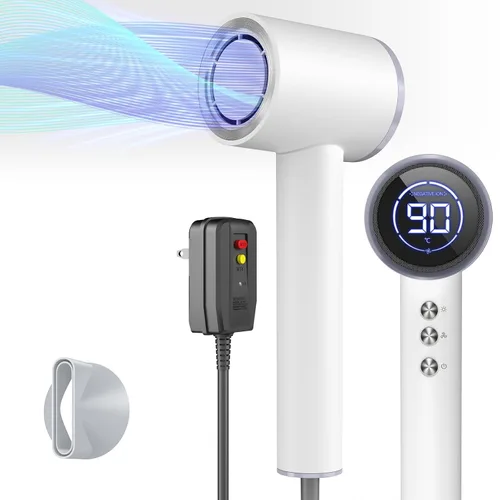 Miniatura 7 de Secador de pelo con difusor, 110000RPM de alta velocidad profesional para secado rápido, iónico con boquilla magnética y pantalla LED, portátil