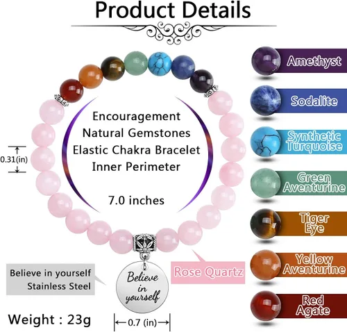 Miniatura 4 de Jovivi - Pulsera de 7 chakras con piedras preciosas naturales, cuentas de yoga, cristales curativos reiki, cuentas elásticas con abalorio inspirador