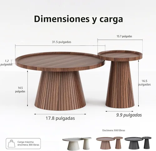 Miniatura 2 de win2win Juego de 2 mesas auxiliares anidadas, mesa de centro moderna de mediados de siglo con chapa de grano de madera, mesa de té redonda acanalada