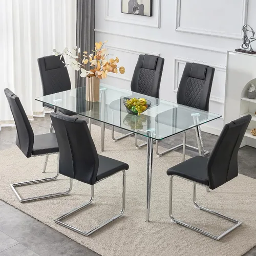 Miniatura 30 de Juego de mesa de comedor en blanco y negro de 51 pulgadas para 4, mesa de cristal minimalista moderna y 4 sillas tapizadas de piel sintética