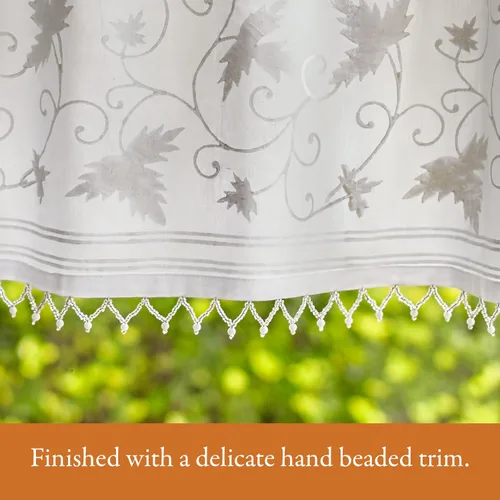 Miniatura 2 de Saffron Marigold Cortina de cenefa impresa a mano con ribete de cuentas, encaje principal de hiedra blanca, perfecta para cocina, dormitorio, baño