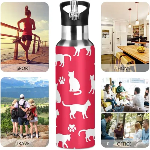 Miniatura 5 de White Cat Paw Prints Red Insulated Stainless Steel Water Bottle with Straw 20 Oz Leakproof Water Bottles, BPA-Free Sport Water Bottle Insulated