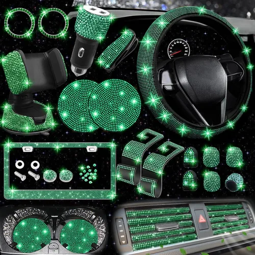 Miniatura 12 de NBTEPEM 27 piezas de juego de accesorios brillantes para auto en color aguamarina para mujeres, fundas para volante de ajuste universal de 15