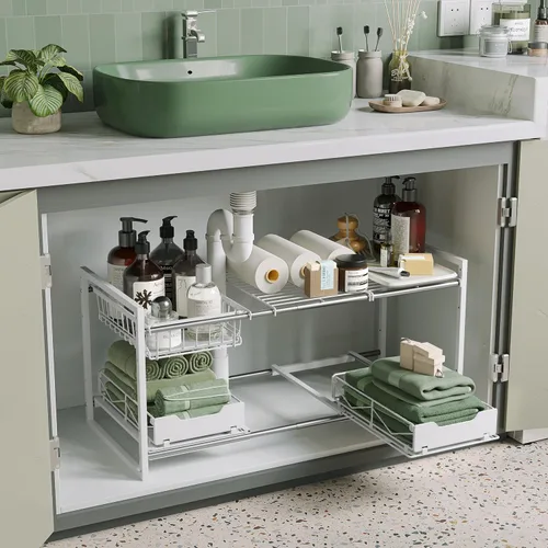 NETEL Organizadores y almacenamiento para debajo del fregadero, organizador de armario de cocina, 2 niveles para debajo del fregadero estantes
