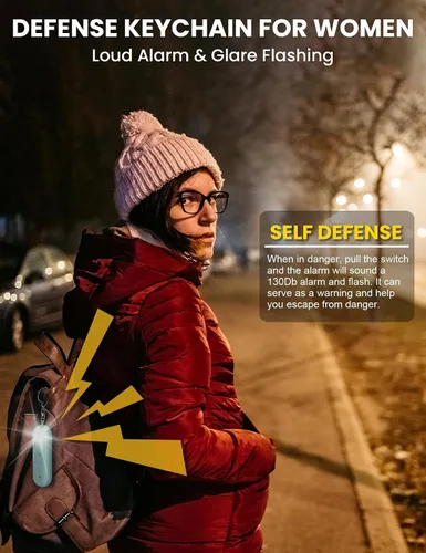 Miniatura 3 de Llavero de alarma de seguridad personal para mujeres, llavero de autodefensa fuerte de 130 dB con luz estroboscópica LED, dispositivos de sirena