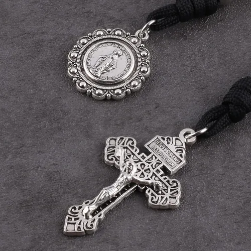 Miniatura 34 de Rosario de bolsillo estilo abierto una década de acero inoxidable rosario católico con crucifijo medalla de San Benito con bolsa de regalo