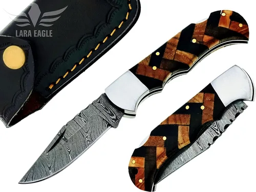 Miniatura 13 de Cuchillo de bolsillo de damasco Lara Eagle para hombres - Cuchillos de caza plegables hechos a mano de 133 capas de acero sólido con afilador