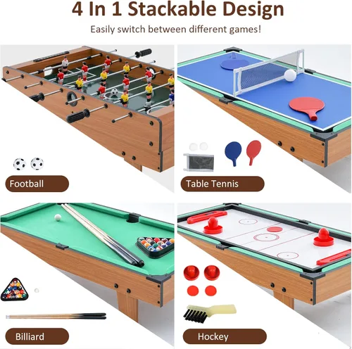 Miniatura 2 de Giantex Mesa de juego combinada 4 en 1, con fútbol, hockey, billar, tenis de mesa, perfecta para sala de juegos, noche familiar, futbolín de madera